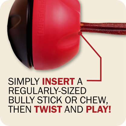 Redbarn Chew-A-Bull chew holder with the text, 'Simply insert a regularly-sized bully stick or chew, then twist and play!'