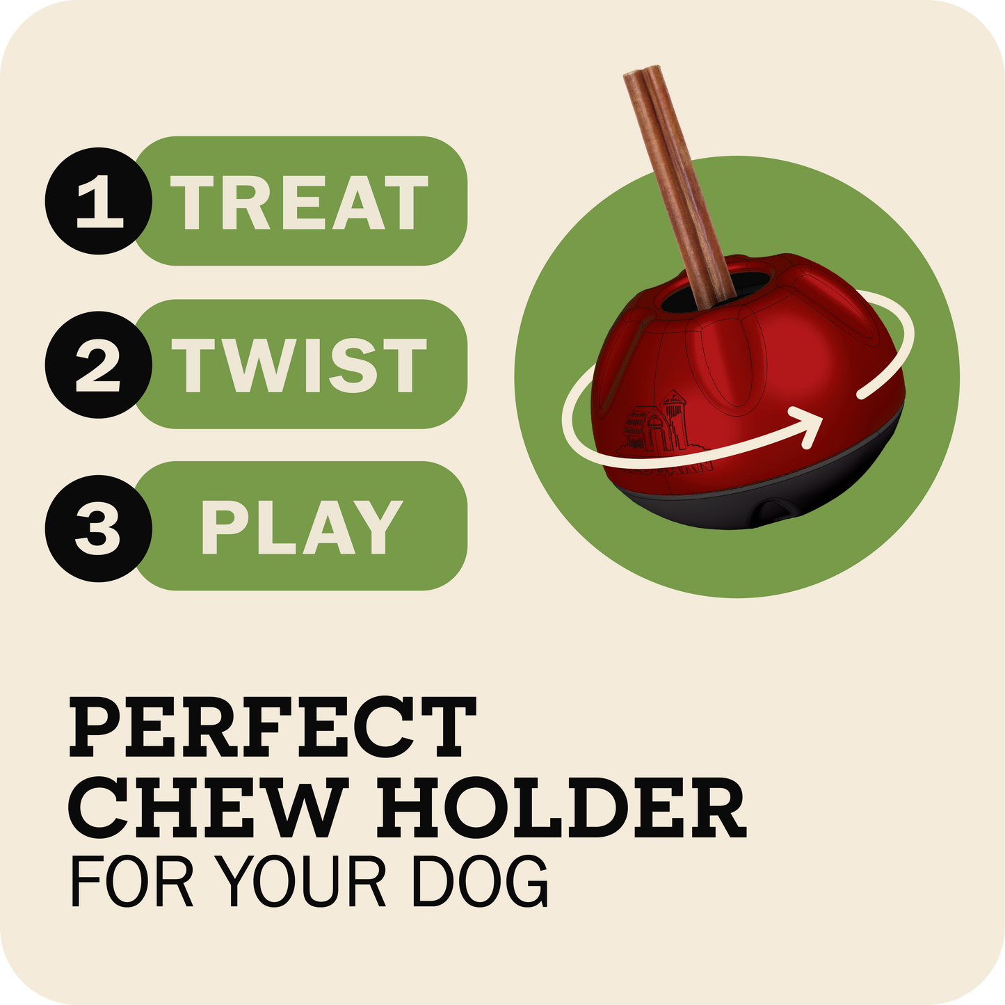 Redbarn Chew-A-Bulls chew holder labeled 'Perfect Chew Holder for Your Dog' on a beige background.