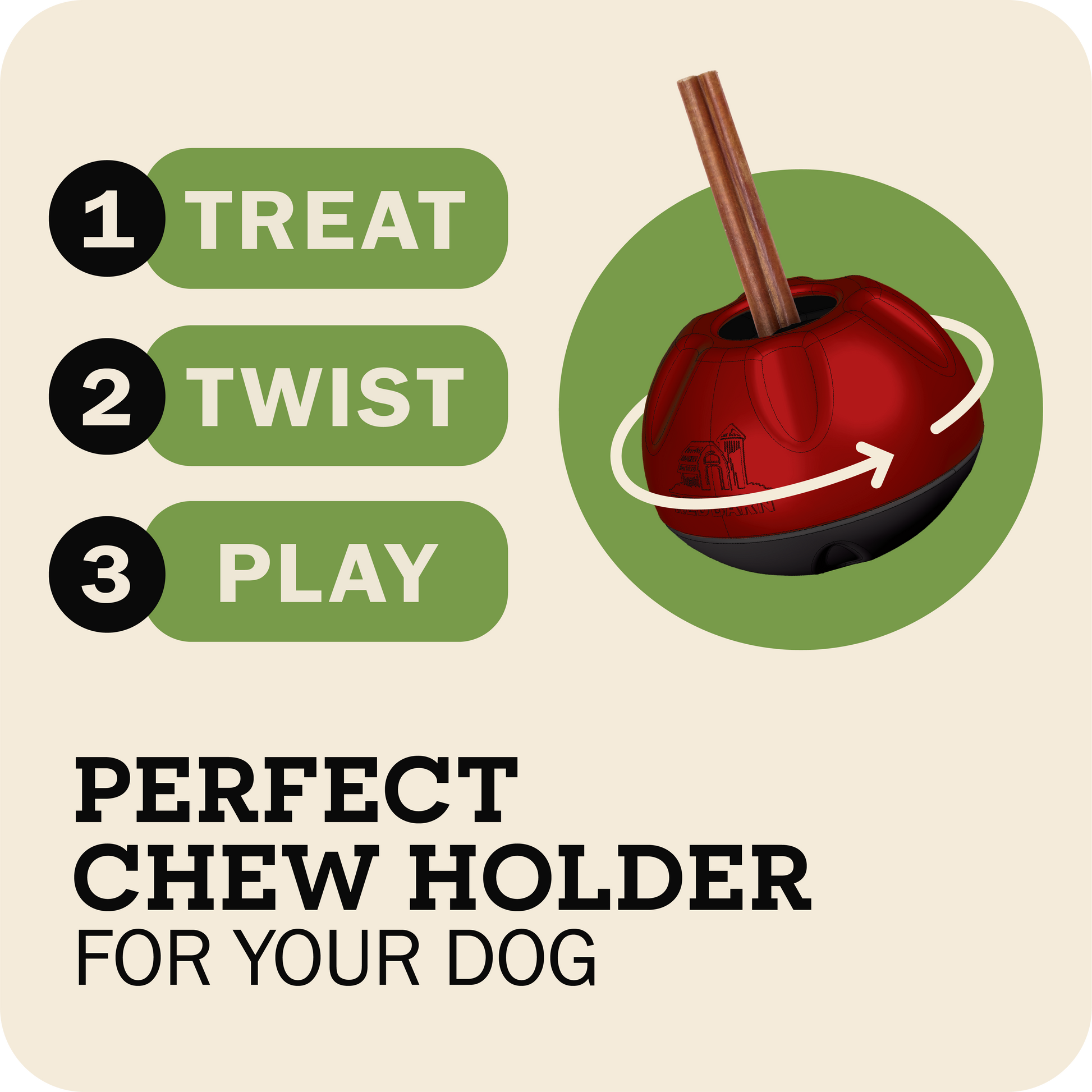 Redbarn Chew-A-Bulls chew holder labeled 'Perfect Chew Holder for Your Dog' on a beige background.