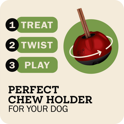 Redbarn Chew-A-Bulls chew holder labeled 'Perfect Chew Holder for Your Dog' on a beige background.