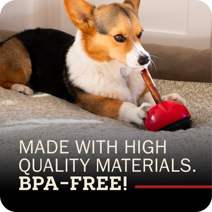 Dog chewing on a Redbarn Collagen Chew attached to the Chew-A-Bull, with text about high-quality materials and BPA-free.