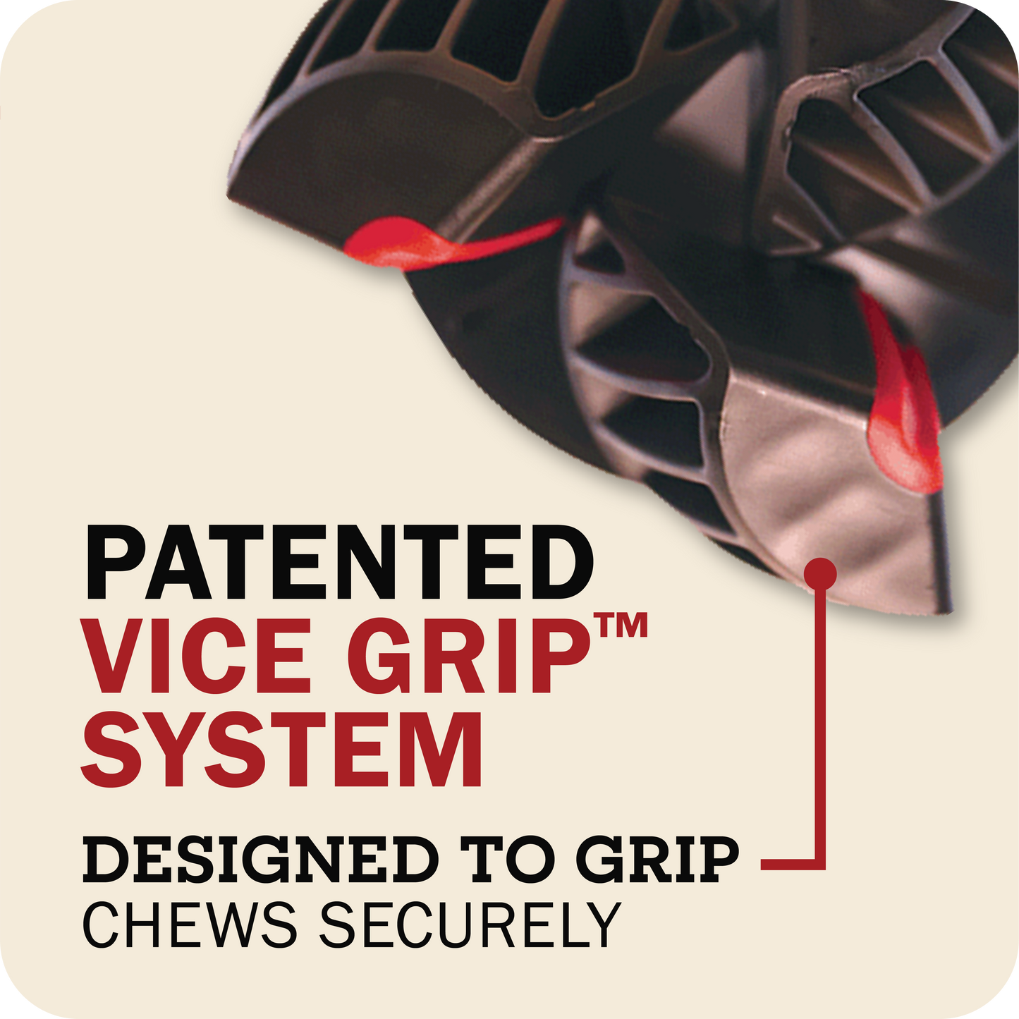Redbarn Chew-A-Bull with 'Patented Vice Grip System' Desinged to grip chews securely text and graphic on a beige background