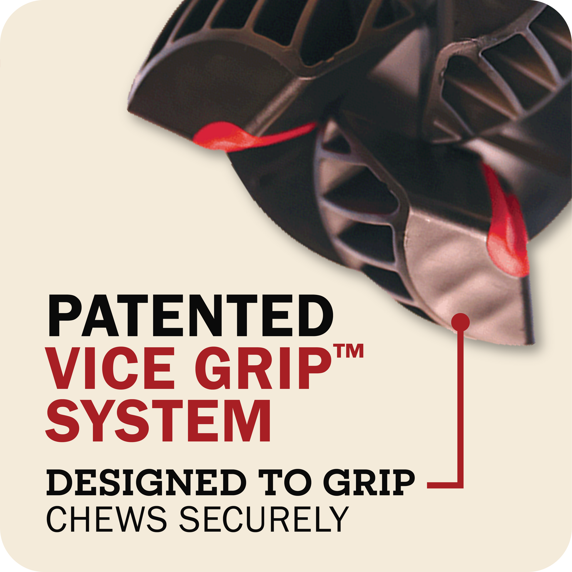 Redbarn Chew-A-Bull with 'Patented Vice Grip System' Desinged to grip chews securely text and graphic on a beige background