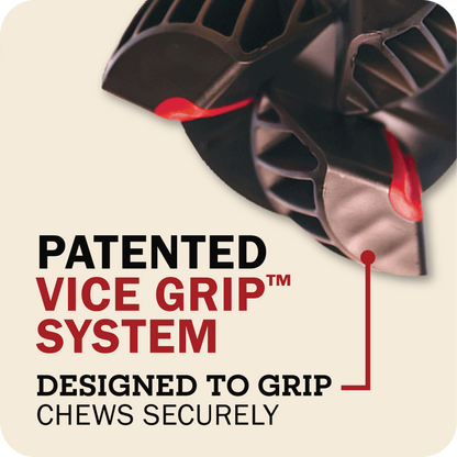 Redbarn Chew-A-Bull with 'Patented Vice Grip System' Desinged to grip chews securely text and graphic on a beige background