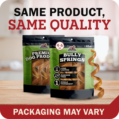 Two bags of Redbarn Premium Dog Products bully springs chew treats on a wooden surface, with a large text banner at the top reading 'SAME PRODUCT, SAME QUALITY' and a red banner at the bottom reading 'PACKAGING MAY VARY'.