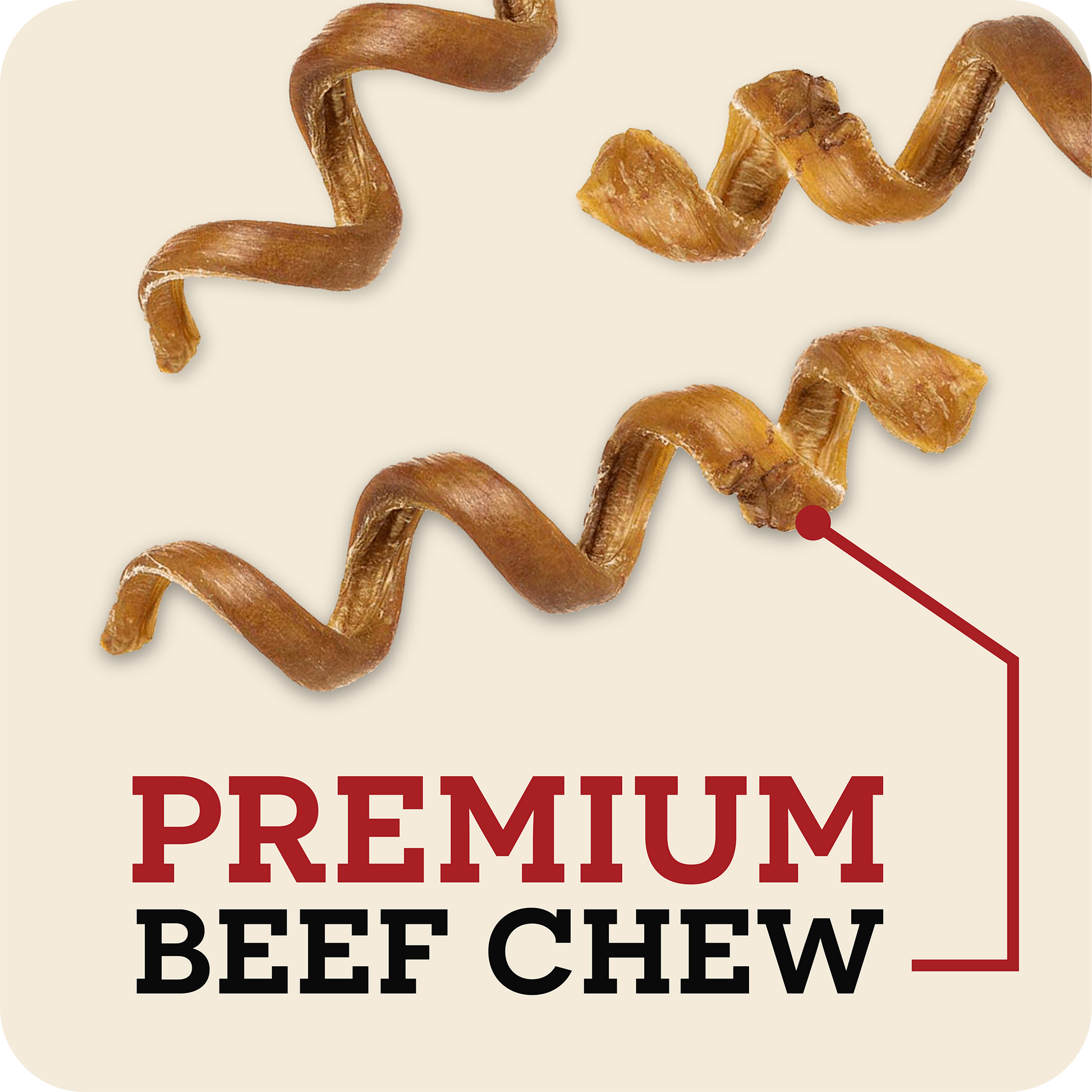 Several Redbarn Bully Spring arranged on a light beige background with the text 'PREMIUM BEEF CHEW' in red and black. A red line points to one of the chews. 
