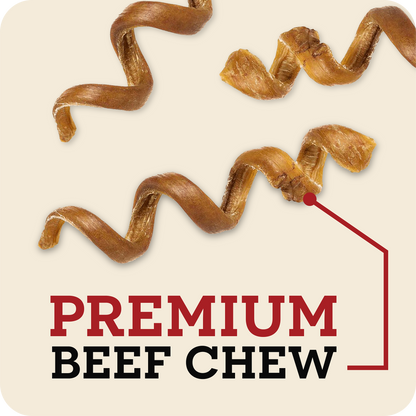 Several Redbarn Bully Spring arranged on a light beige background with the text 'PREMIUM BEEF CHEW' in red and black. A red line points to one of the chews. 