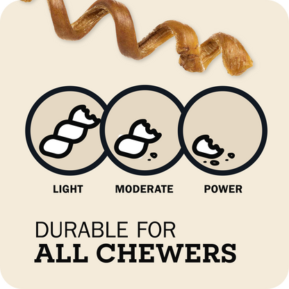 An informational graphic for dog chewers showing three circular size comparisons labeled LIGHT, MODERATE, and POWER, with a brown curly chew at the top and the text 'DURABLE FOR ALL CHEWERS' on a light beige background.