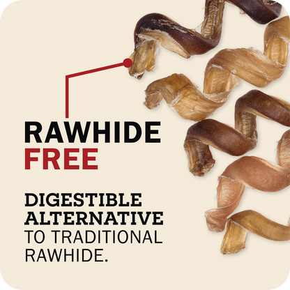 Rawhide-free dog treats made from digestible alternatives, shown as brown and tan curled strips on a light beige background with promotional text.