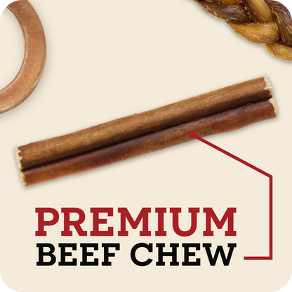 An image with the Redbarn Bully stick in the center with the message, 'Premium Beef Chew'