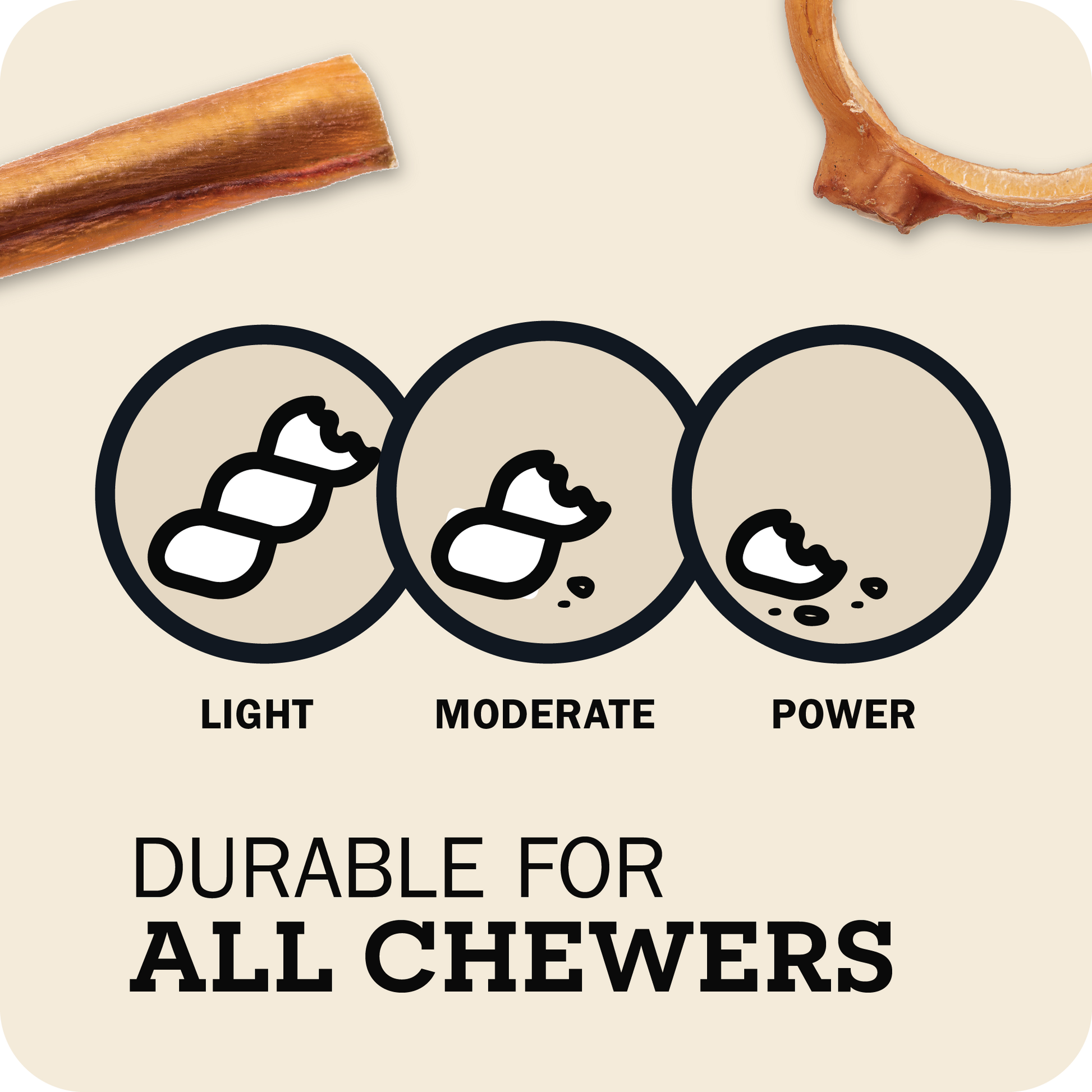 An image which a Redbarn Bully Stick & a Bully Link at the top and three circles with Light, Moderate and Power with a message that reads, "Durable for all chewers"