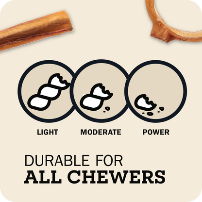 An image which a Redbarn Bully Stick & a Bully Link at the top and three circles with Light, Moderate and Power with a message that reads, "Durable for all chewers"