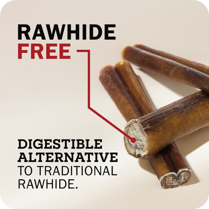 An image with Bully sticks on the side with a message that points towards it which reads, 'Rawhide Free. Digestible alternative to traditional rawhide.'