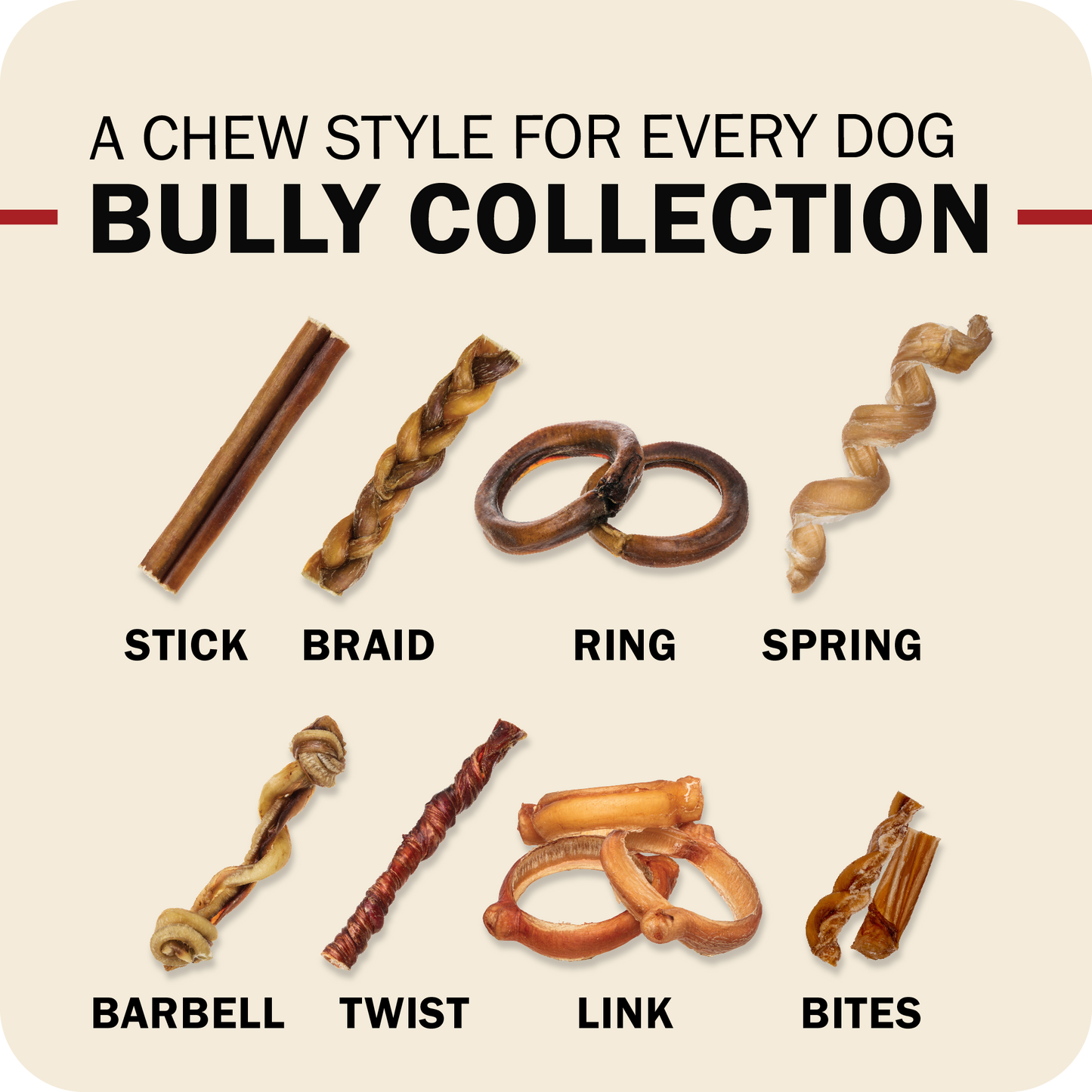 An image showcasing different types of Redbarn Bully chews with the title that reads, Bully Collection and a message that reads "A chew style for every dog"