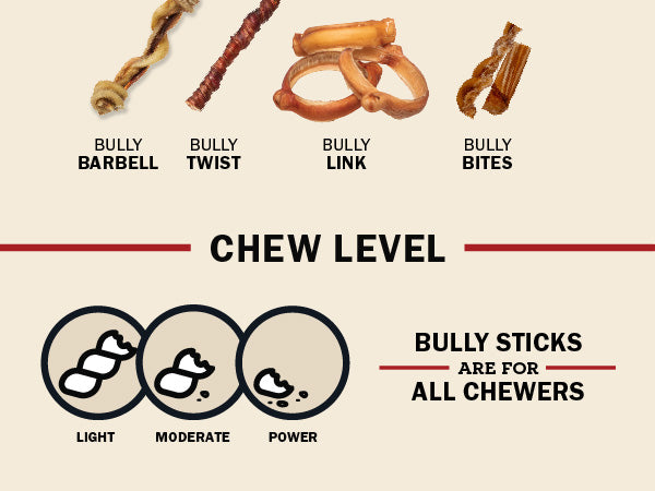 Diagram of different bully stick types with corresponding chew levels on a beige background.