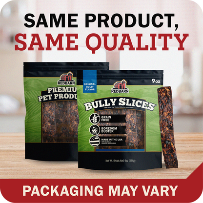 Two bags of Redbarn Bully Slices premium pet treats displayed on a wooden surface with a blurred kitchen background. Large text at the top reads 'SAME PRODUCT, SAME QUALITY' and a red banner at the bottom says 'PACKAGING MAY VARY'.