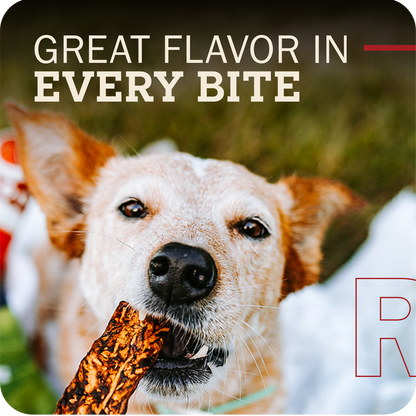 Dog holding a Redbarn Bully Slice Treat with text 'Great Flavor in Every Bite' and a blurred background
