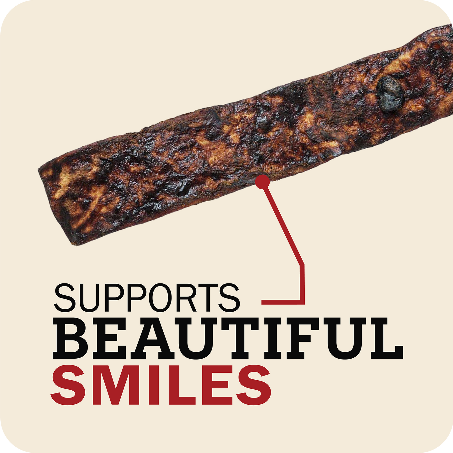 Redbarn Bully Slice treat with text 'Supports Beautiful Smiles' on a beige background