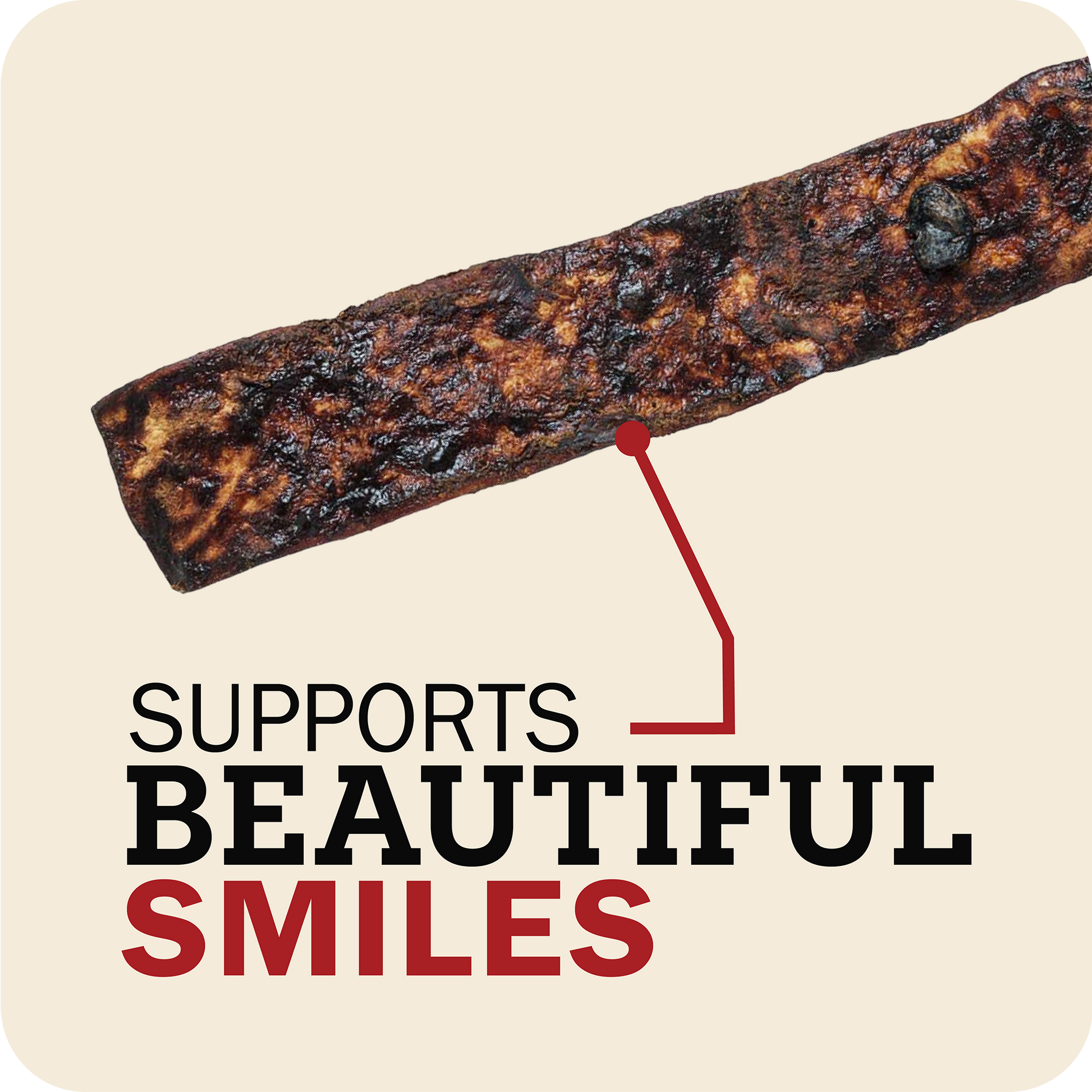 Redbarn Bully Slice treat with text 'Supports Beautiful Smiles' on a beige background