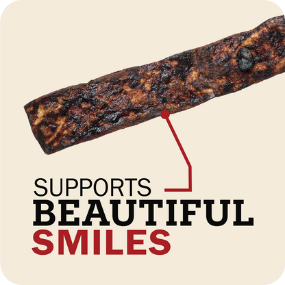 Redbarn Bully Slice treat with text 'Supports Beautiful Smiles' on a beige background