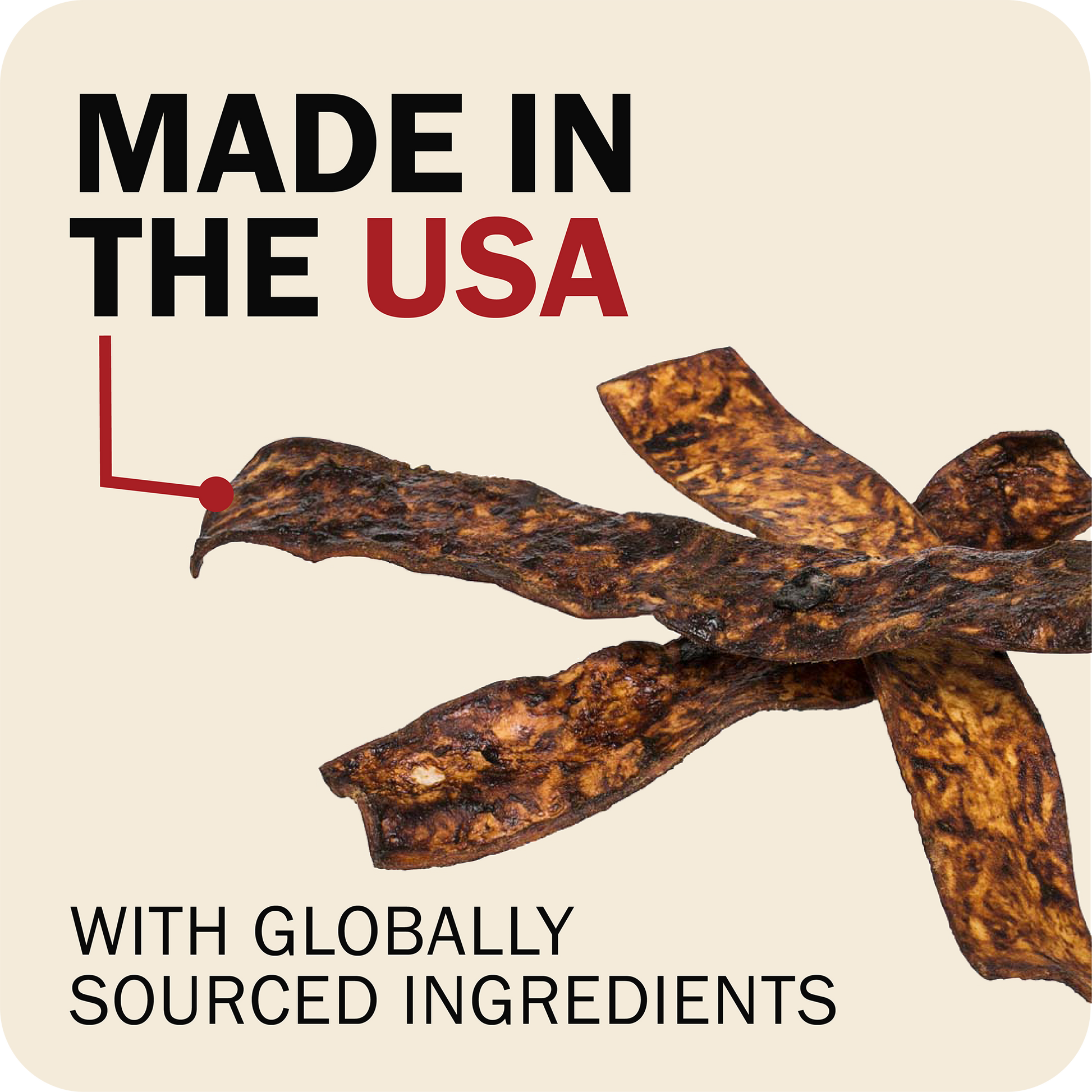 Redbarn Bully Slice Treat with 'Made in the USA' and 'globally sourced ingredients' text on a beige background