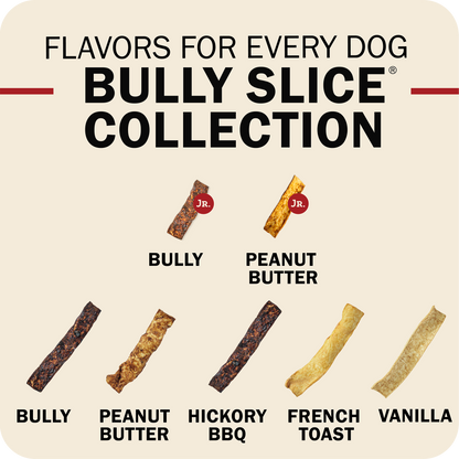 Promotional graphic for the Bully Slice Collection dog treats, showing six different flavored bully slices: Bully, Peanut Butter, Hickory BBQ, French Toast, and Vanilla. The graphic features clean illustrations of the treats on a light beige background with bold black and red text.