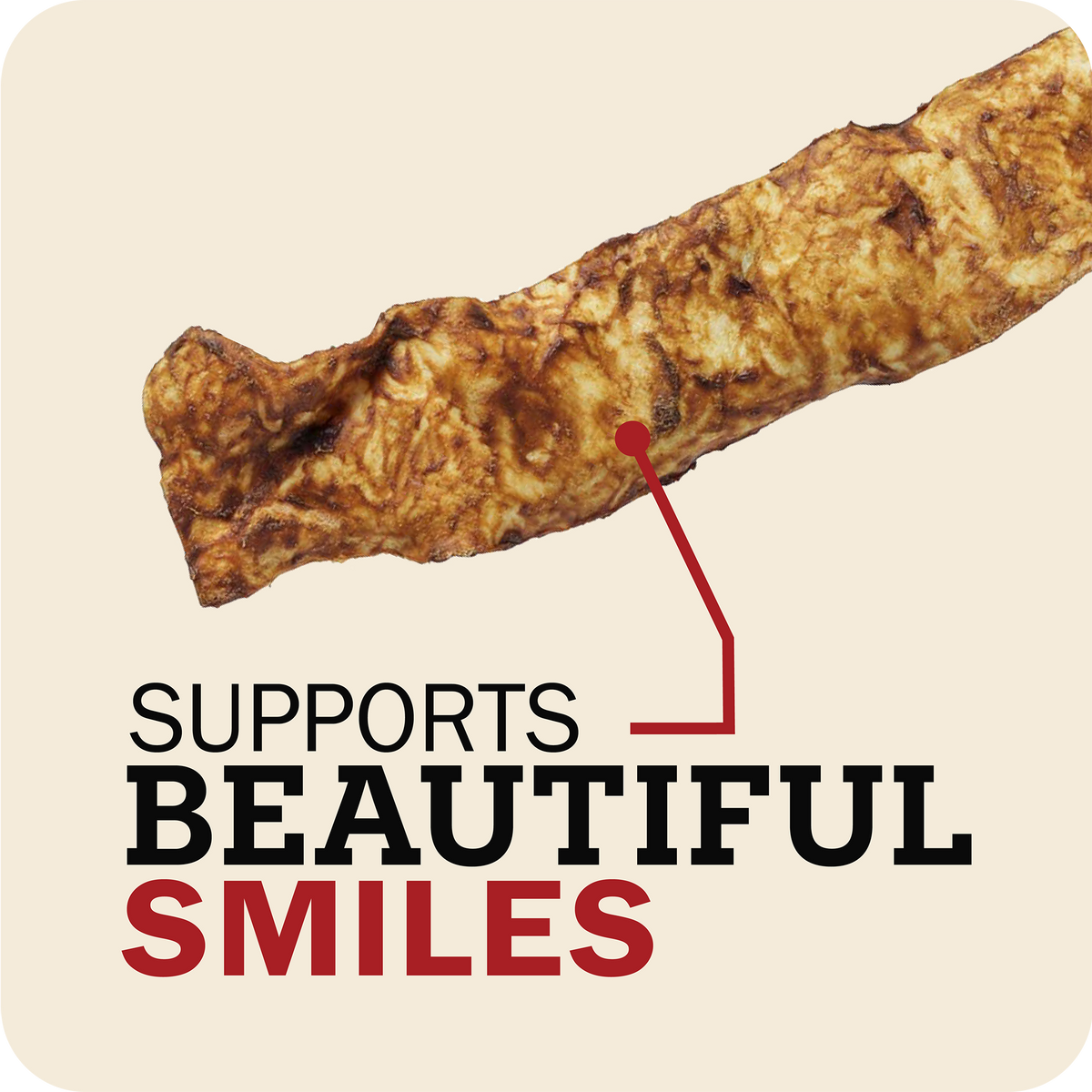 A close-up of a Redbarn Collagen Slices  shown diagonally on a light beige background with promotional text reading 'SUPPORTS BEAUTIFUL SMILES' and a red pointer line.