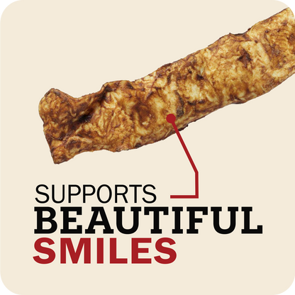 A close-up of a Redbarn Collagen Slices  shown diagonally on a light beige background with promotional text reading 'SUPPORTS BEAUTIFUL SMILES' and a red pointer line.