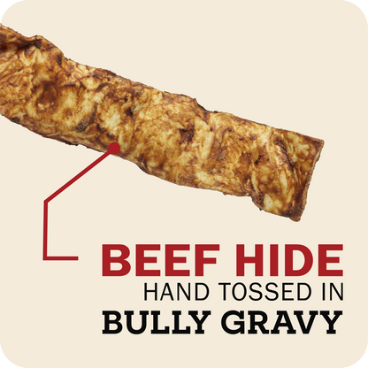 A single Redbarn Collagen Slices  shown diagonally on a beige background with text reading 'BEEF HIDE HAND TOSSED IN BULLY GRAVY' and a red arrow pointing to the toy.