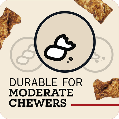 Promotional graphic for durable dog chew treats, featuring the text 'DURABLE FOR MODERATE CHEWERS' on a light beige background with scattered brown chew pieces and a central circular icon of a chew.