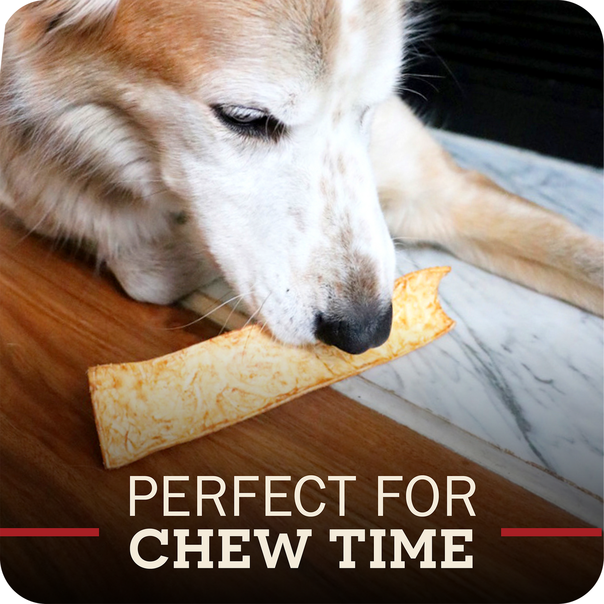 A close-up of a dog chewing on a Redbarn Collagen Slices chew with the text 'PERFECT FOR CHEW TIME' overlaid at the bottom.