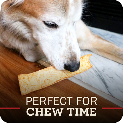 A close-up of a dog chewing on a Redbarn Collagen Slices chew with the text 'PERFECT FOR CHEW TIME' overlaid at the bottom.