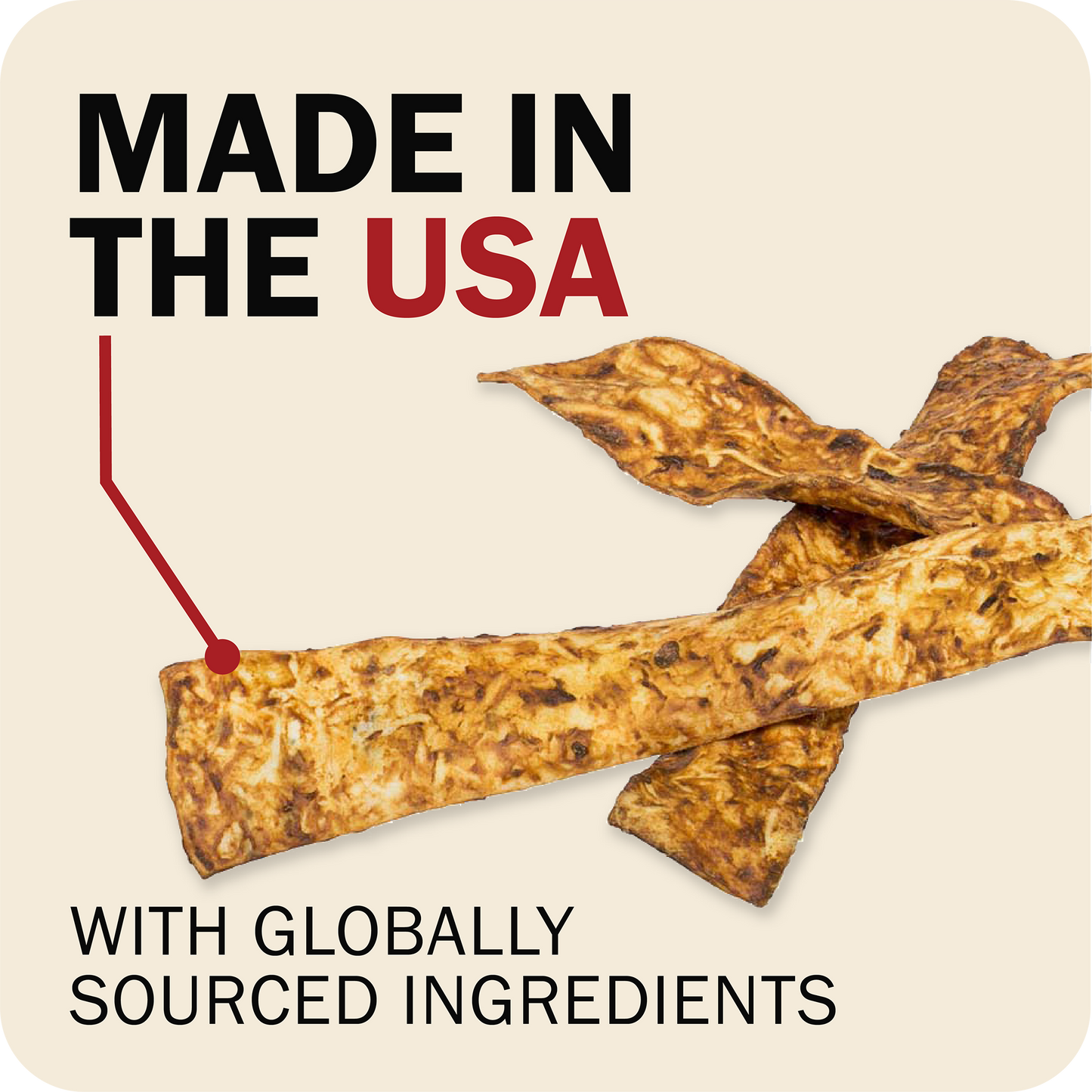 Promotional graphic showing Redbarn Collagen Slices  on a beige background with text reading 'MADE IN THE USA' and 'WITH GLOBALLY SOURCED INGREDIENTS'.
