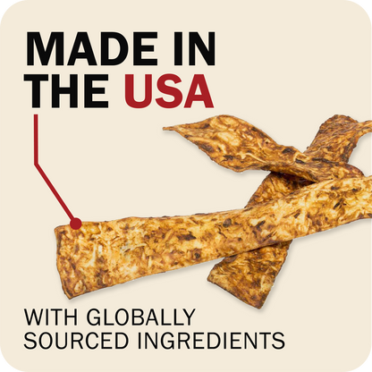 Promotional graphic showing Redbarn Collagen Slices  on a beige background with text reading 'MADE IN THE USA' and 'WITH GLOBALLY SOURCED INGREDIENTS'.