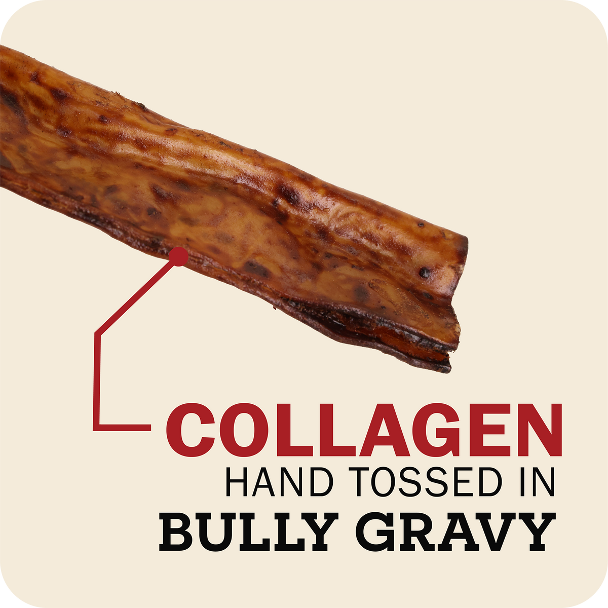 A close-up of a Redbarn Collagen Slices with text reading 'COLLAGEN HAND TOSSED IN BULLY GRAVY' on a beige background.