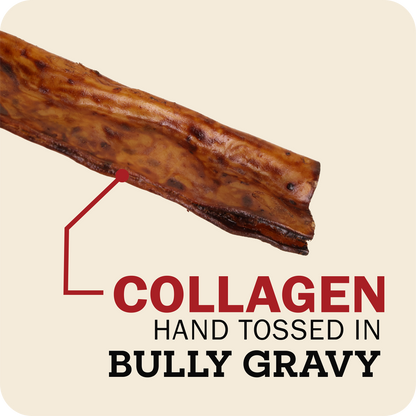 A close-up of a Redbarn Collagen Slices with text reading 'COLLAGEN HAND TOSSED IN BULLY GRAVY' on a beige background.