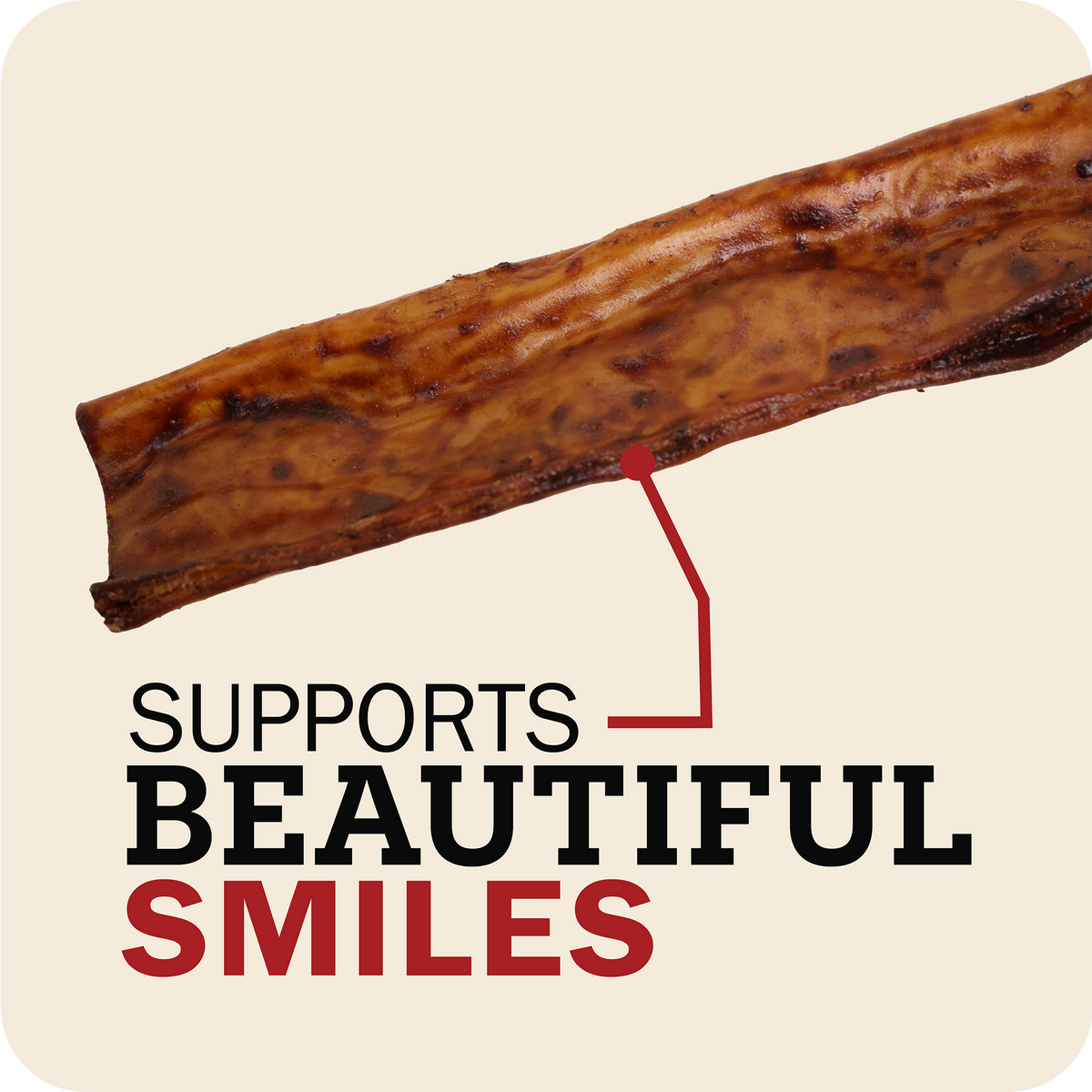 A close-up of a Redbarn Collagen Slices  shown diagonally on a light beige background, with the text 'SUPPORTS BEAUTIFUL SMILES' and a red arrow pointing to the product.
