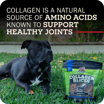 A black dog lying on green grass next to a bag of Redbarn Collagen Slices taste treats, with a text overlay at the top about collagen and amino acids supporting healthy joints.