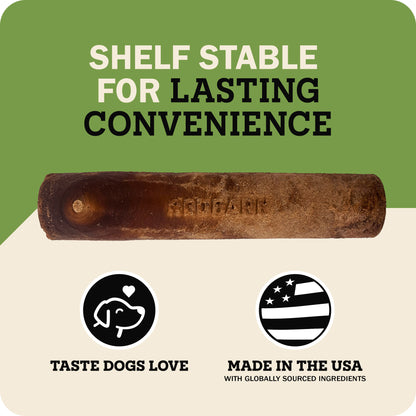 Redbarn Dur-A-Bull. shown on a split green and beige promotional background with text reading 'Shelf Stable for Lasting Convenience,' plus icons for 'Taste Dogs Love' and 'Made in the USA.'.