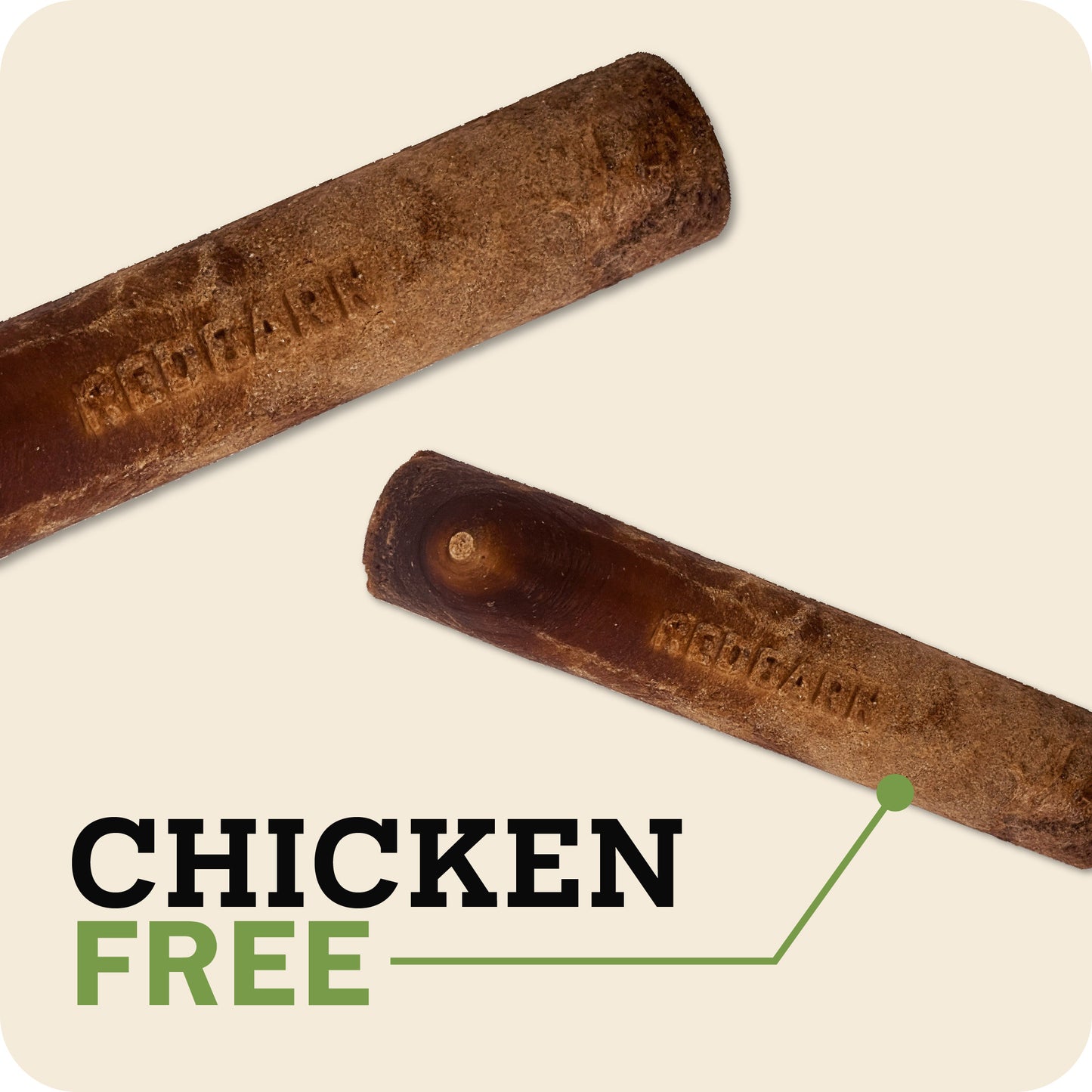 Two textured Redbarn Dur-A-Bull., set against a light beige background with a green and black 'CHICKEN FREE' graphic overlay.