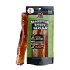 A pack of Red Barn Monster Bully Sticks dog treats, featuring a green and black resealable pouch with a single chew stick displayed vertically next to it on a plain white background.