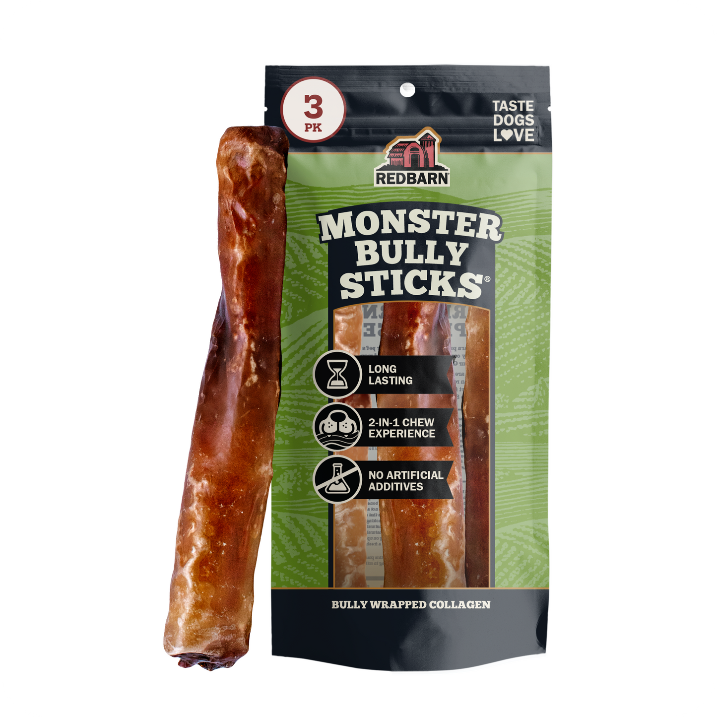 A pack of Red Barn Monster Bully Sticks dog treats, featuring a green and black resealable pouch with a single chew stick displayed vertically next to it on a plain white background.