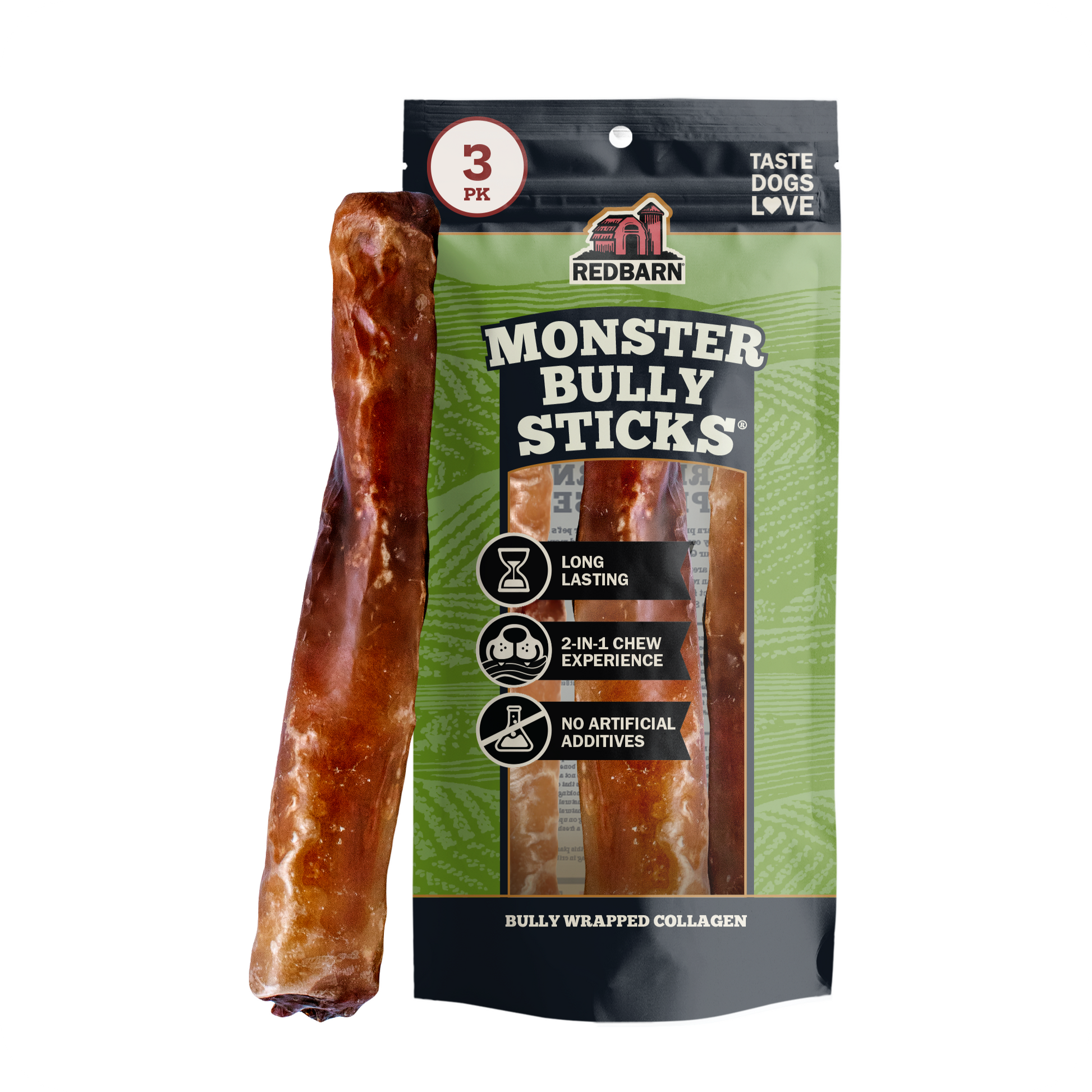A pack of Red Barn Monster Bully Sticks dog treats, featuring a green and black resealable pouch with a single chew stick displayed vertically next to it on a plain white background.