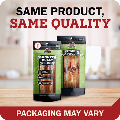 Two bags of Redbarn Monster Bully displayed on a wooden surface with a blurred kitchen background. Large text at the top reads 'SAME PRODUCT, SAME QUALITY' and a red banner at the bottom says 'PACKAGING MAY VARY'.
