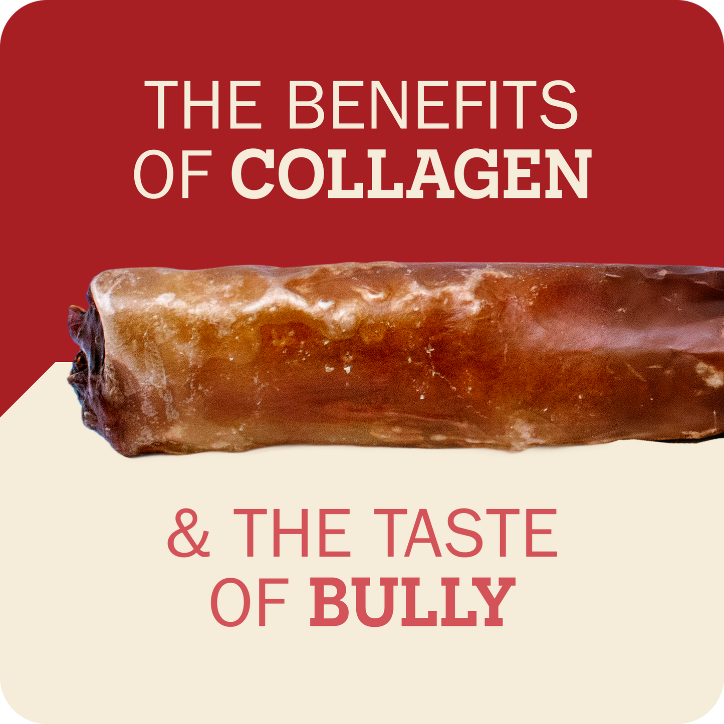A promotional graphic featuring the Redbarn Monster Bully on a split red and cream background with text reading 'THE BENEFITS OF COLLAGEN' and '& THE TASTE OF BULLY'.