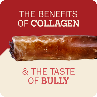 A promotional graphic featuring the Redbarn Monster Bully on a split red and cream background with text reading 'THE BENEFITS OF COLLAGEN' and '& THE TASTE OF BULLY'.