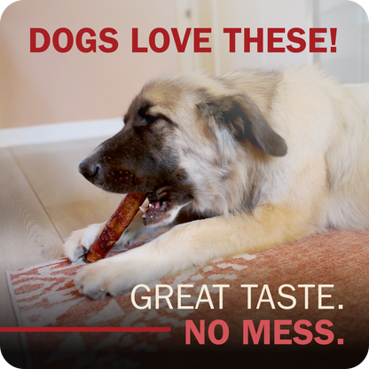 A fluffy cream-colored dog lying on a patterned rug and chewing a Redbarn Monster Bully , with overlaid text reading 'DOGS LOVE THESE!' and 'GREAT TASTE. NO MESS.