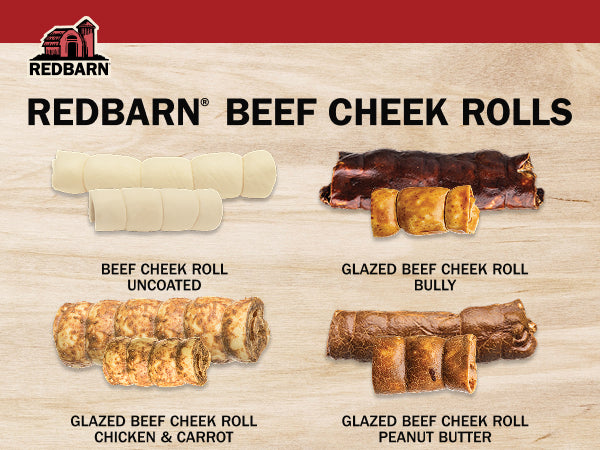 A product information graphic for Redbarn Beef Cheek Rolls, showing four different flavor and coating options arranged on a light wood background: beef cheek roll uncoated, glazed beef cheek roll bully, glazed beef cheek roll chicken & carrot, and glazed beef cheek roll peanut butter. The Red Barn logo is visible in the top left.