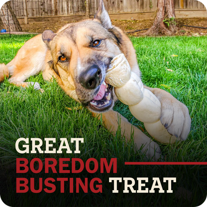 A German Shepherd dog lying on green grass outdoors, chewing on a beef cheek roll dog treat. Large overlaid text at the bottom reads 'GREAT BOREDOM BUSTING TREAT'.