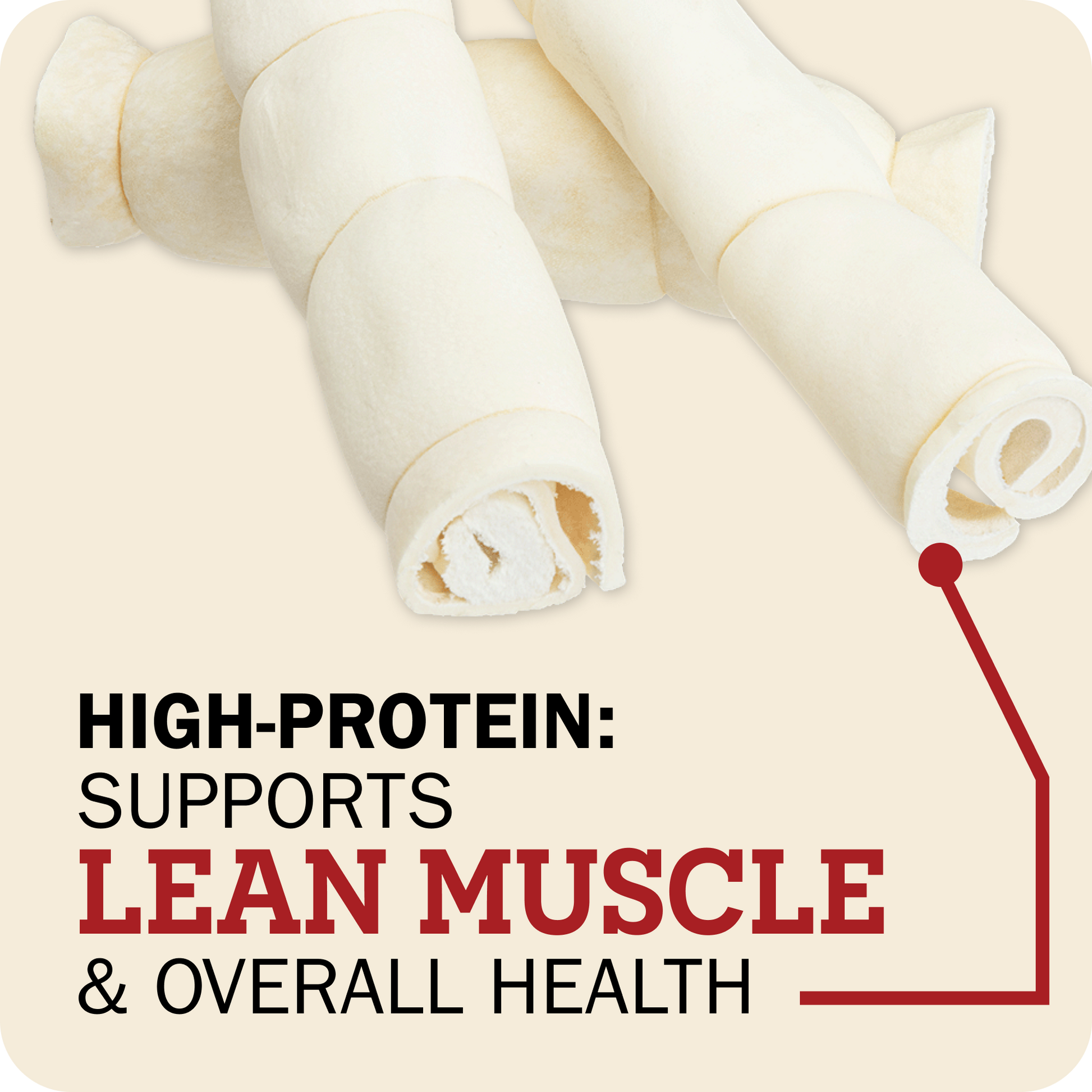 Three beef cheek roll treats on a light beige background with promotional text reading 'HIGH-PROTEIN: SUPPORTS LEAN MUSCLE & OVERALL HEALTH' and a red arrow pointing to one roll.